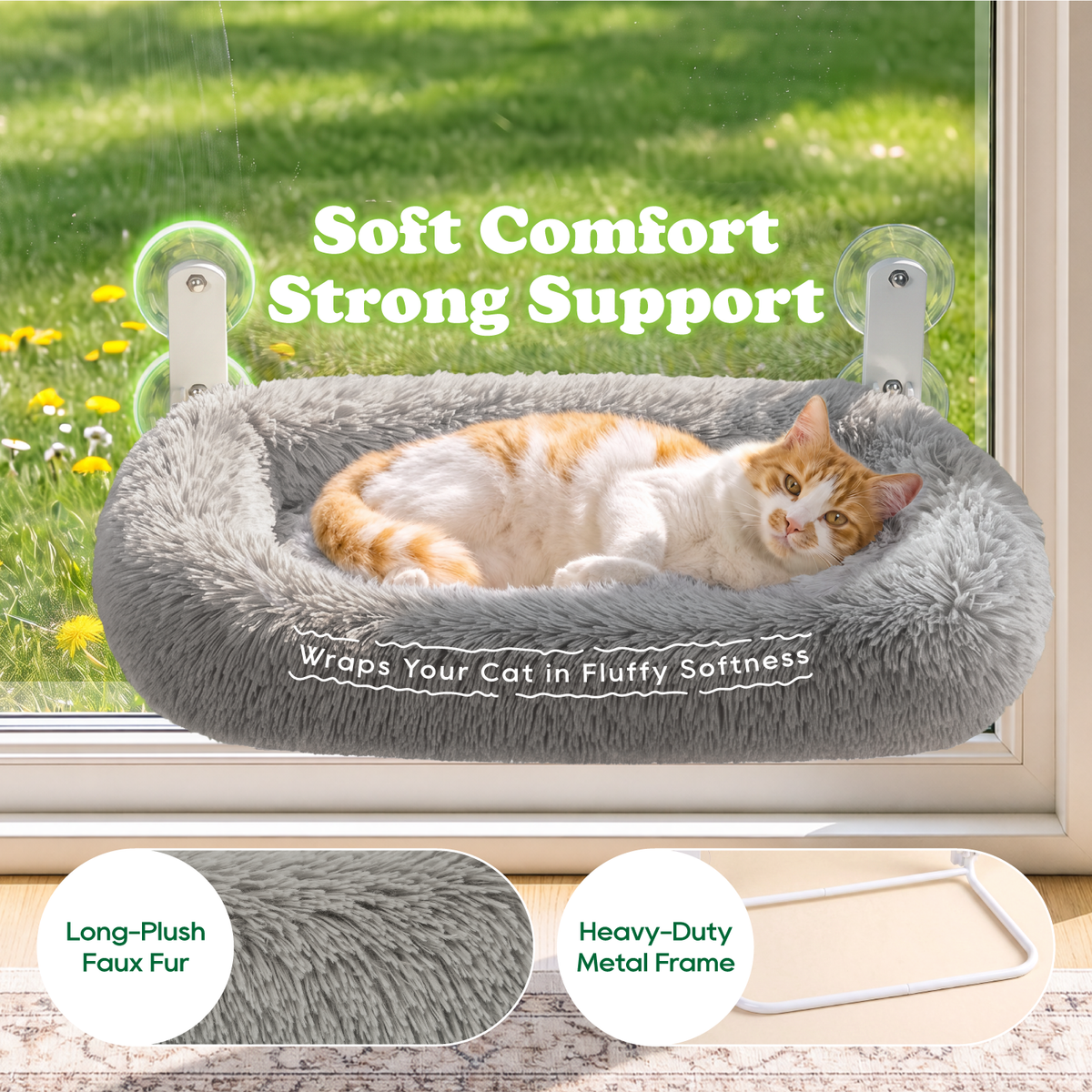 Zakkart Calming Foldable Cat Window Perch, Fluffy Long-Plush Bed