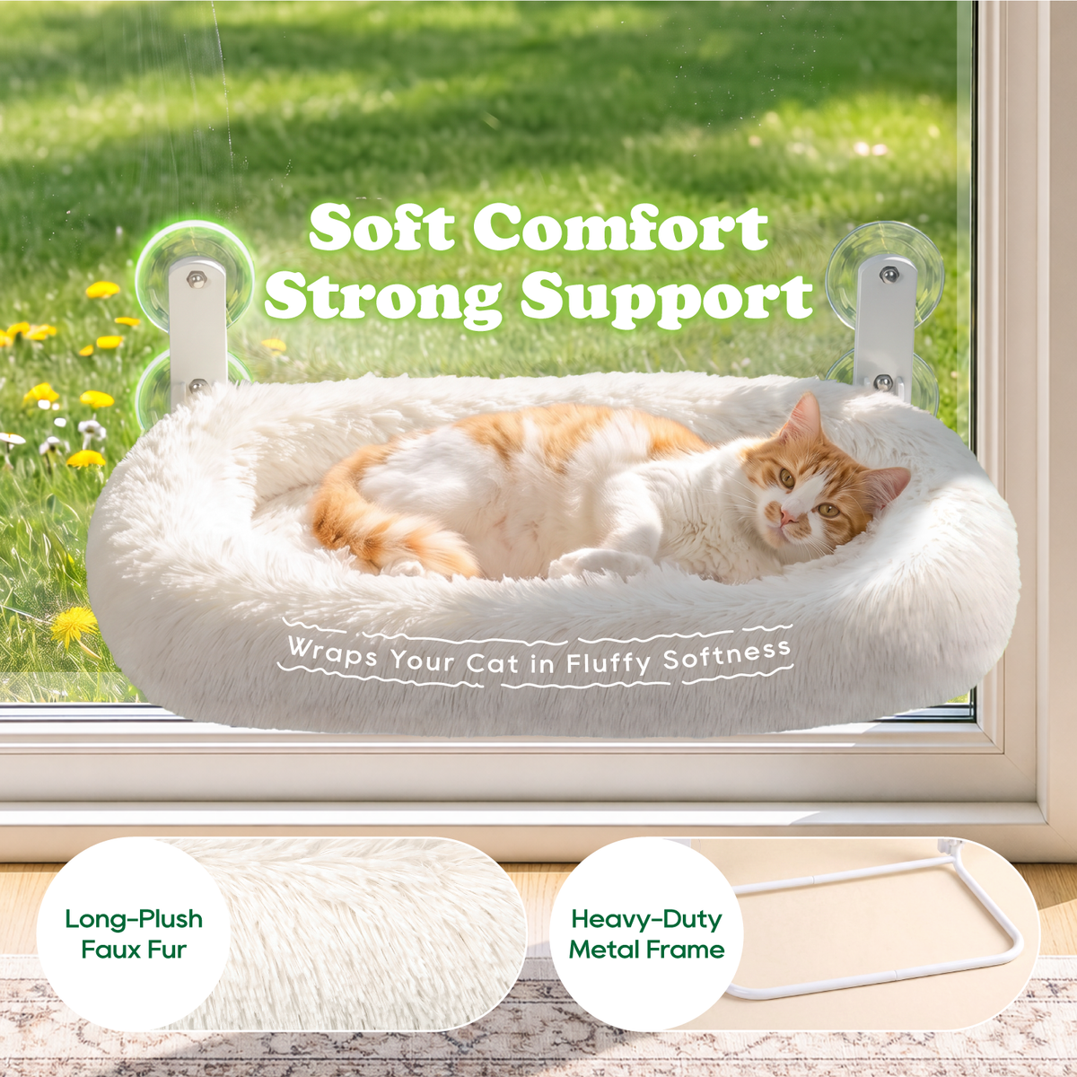Zakkart Calming Foldable Cat Window Perch, Fluffy Long-Plush Bed