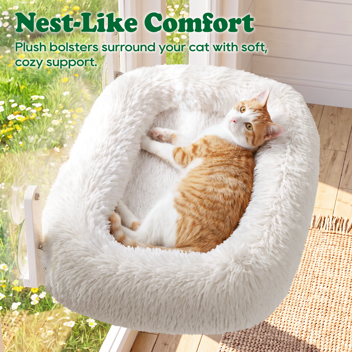 Zakkart Calming Foldable Cat Window Perch, Fluffy Long-Plush Bed