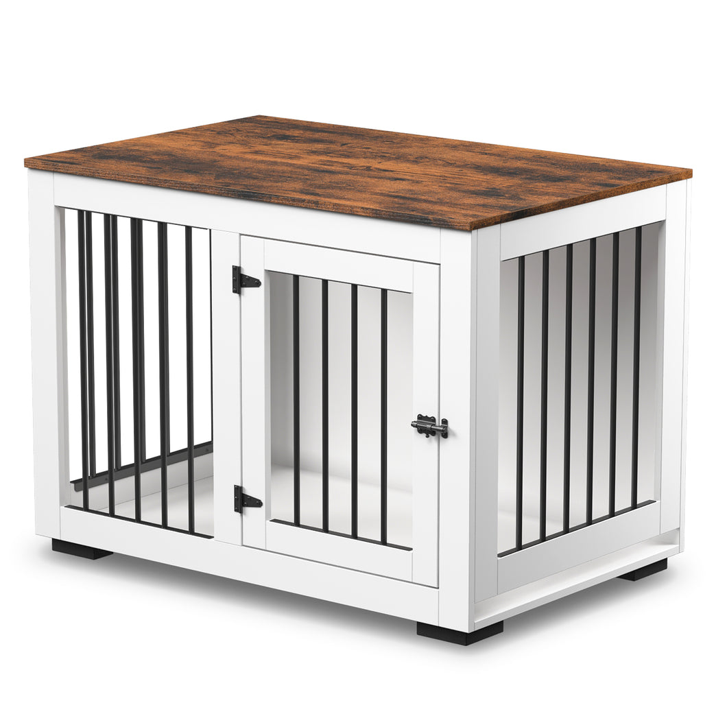 Zakkart White Dog Crate Furniture w/ Rustic Brown Top - 30''/36'' Wide
